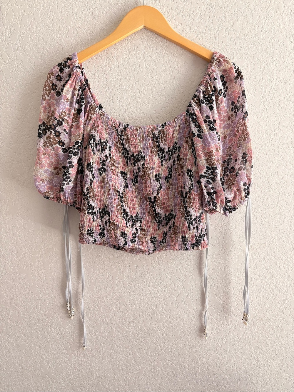 Free People “Back On Top” Crop Smocked Shirt With Puff Sleeve Size XS Multi